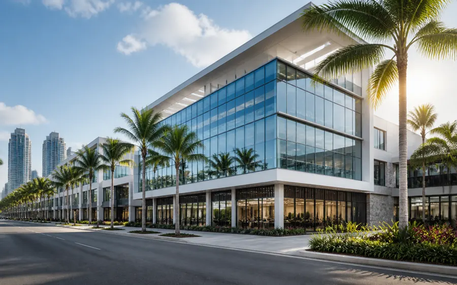 Modern South Florida commercial mixed-use building with glass offices and retail space