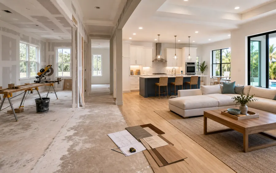 Bright property renovation interior showing construction progress and finished living space potential